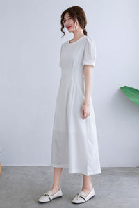 White Puffy Short Sleeve Linen Dress For Women C229901