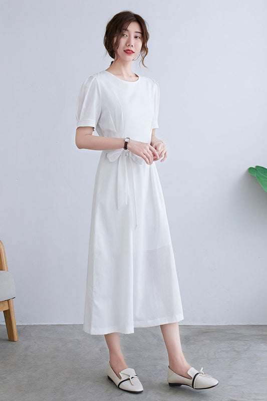 White Puffy Short Sleeve Linen Dress For Women C229901