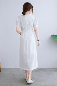 White Puffy Short Sleeve Linen Dress For Women C229901