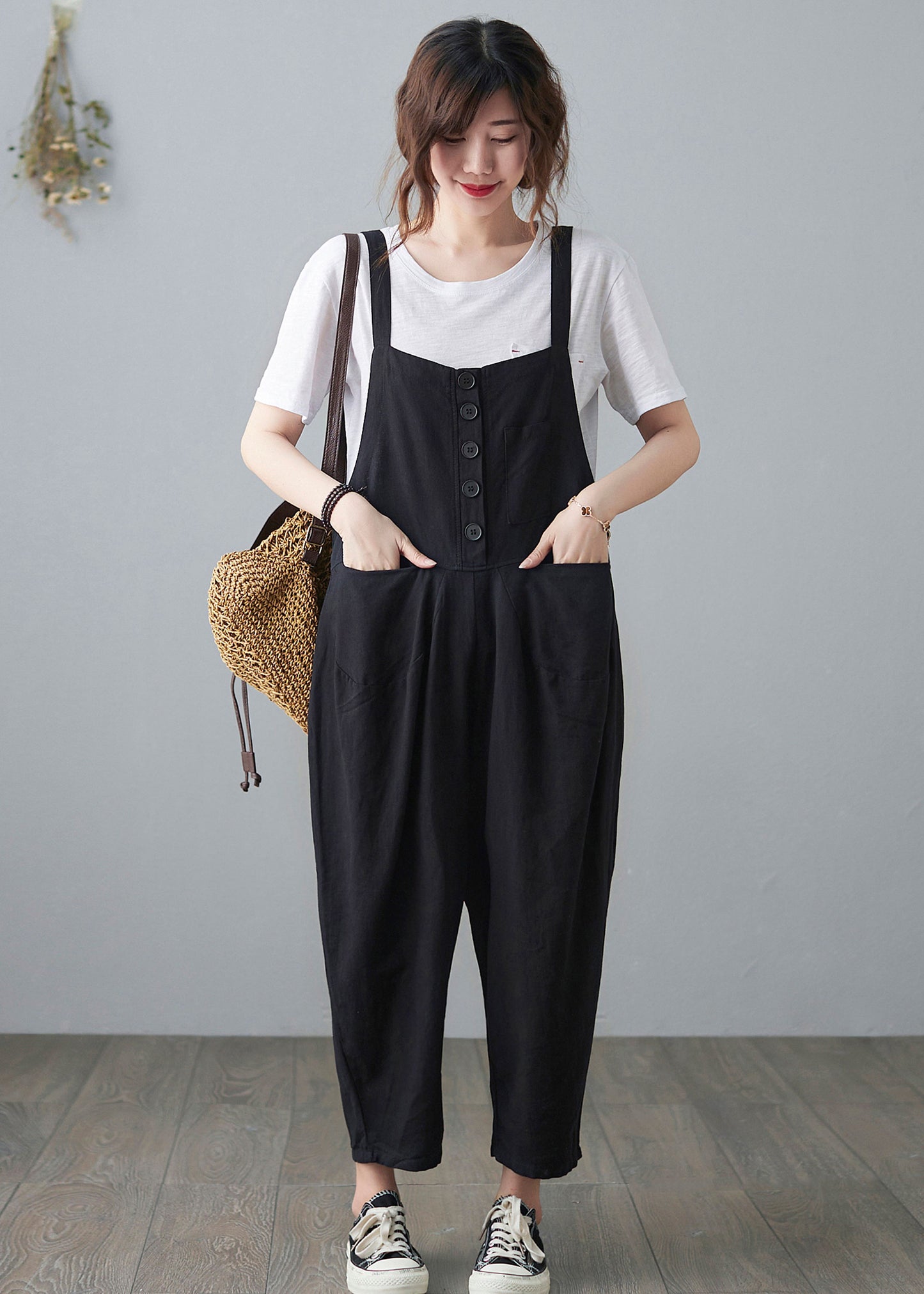 Black Casual Cropped Linen Jumpsuits C210201