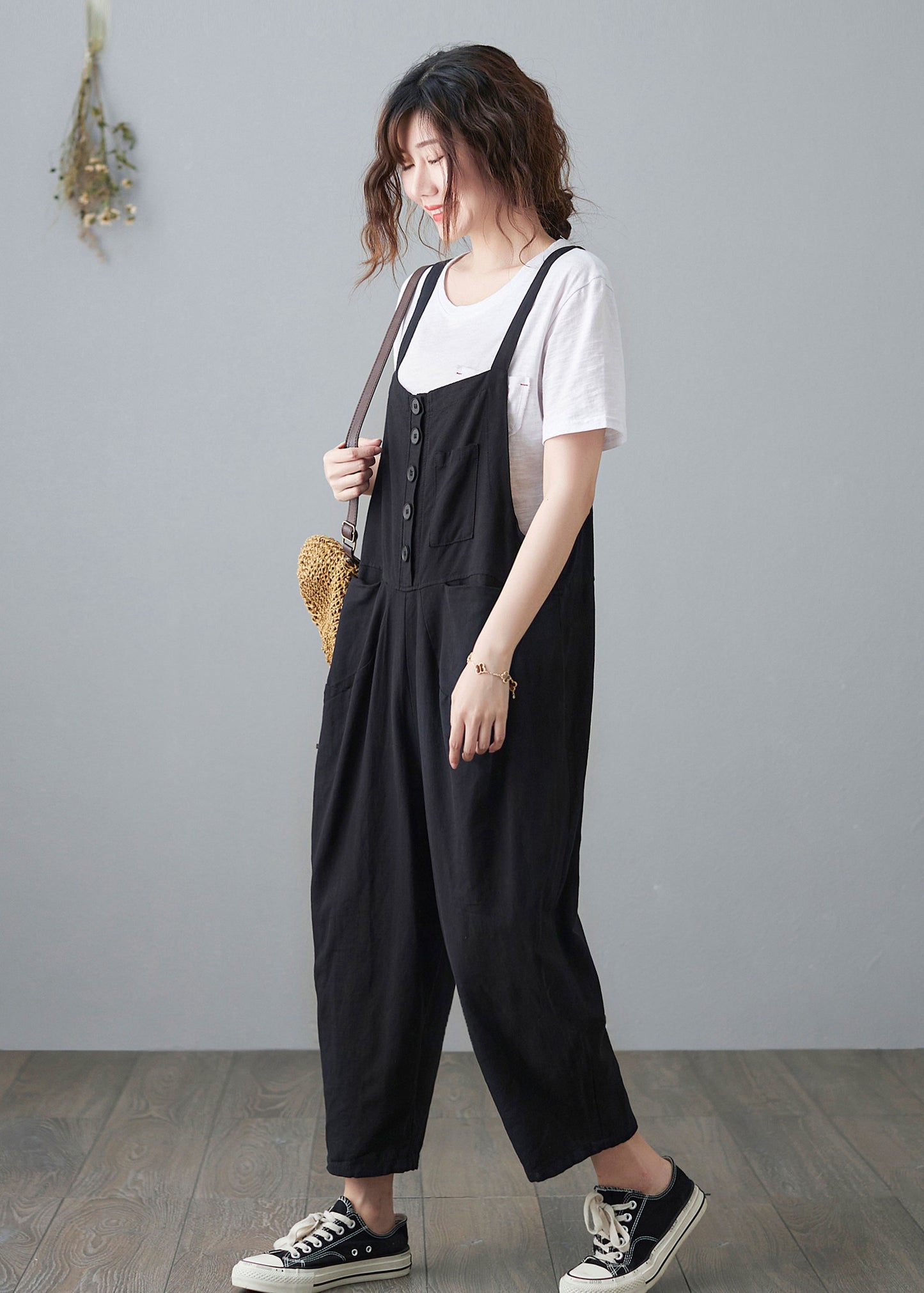Black Casual Cropped Linen Jumpsuits C210201
