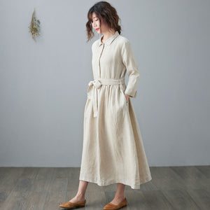 Collared Midi Linen Shirt Dress for Women C210502