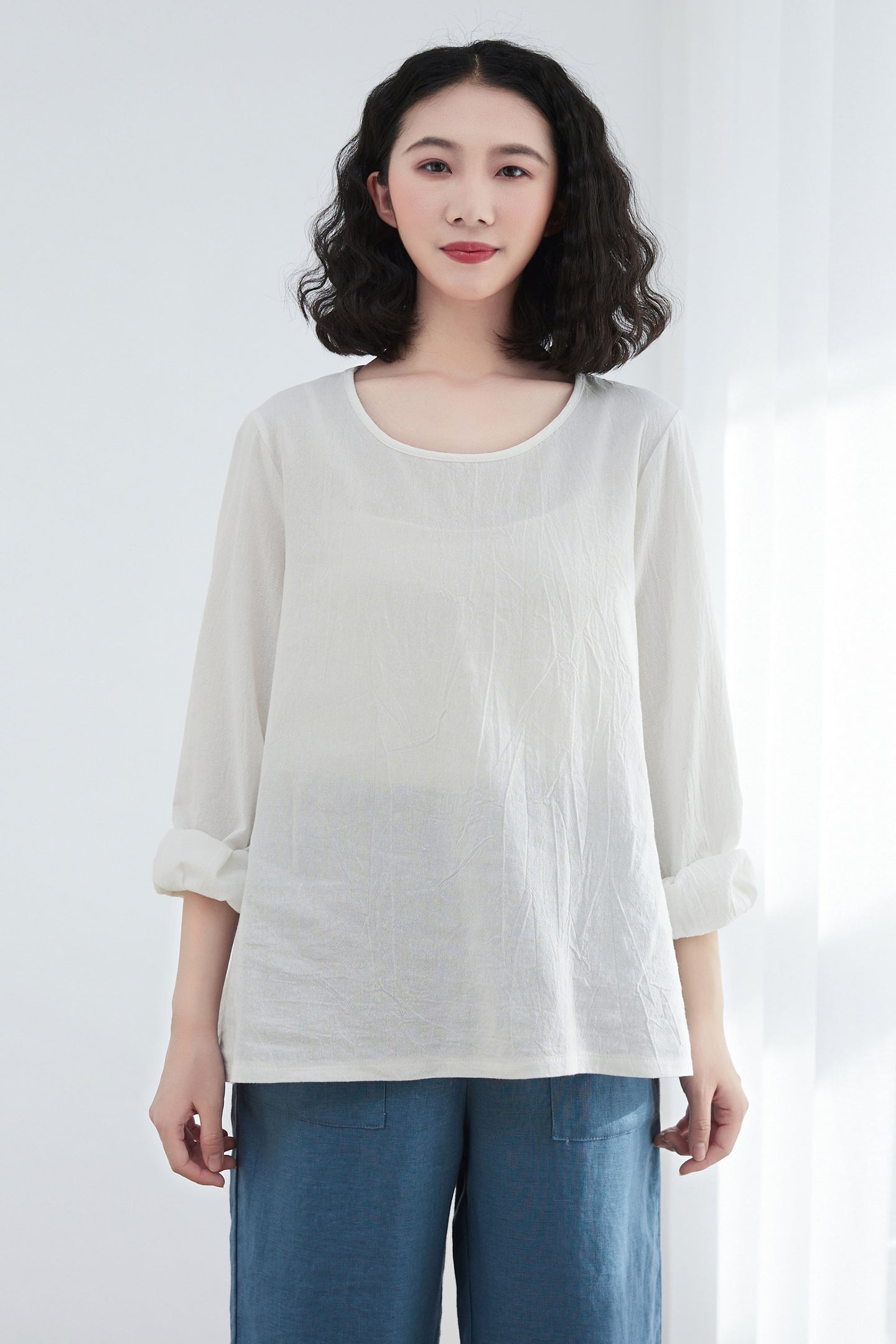 Oversize Casual Linen Blouses in White C2675