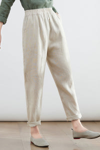Elastic Waist Causal Tapered Linen Pants C2683