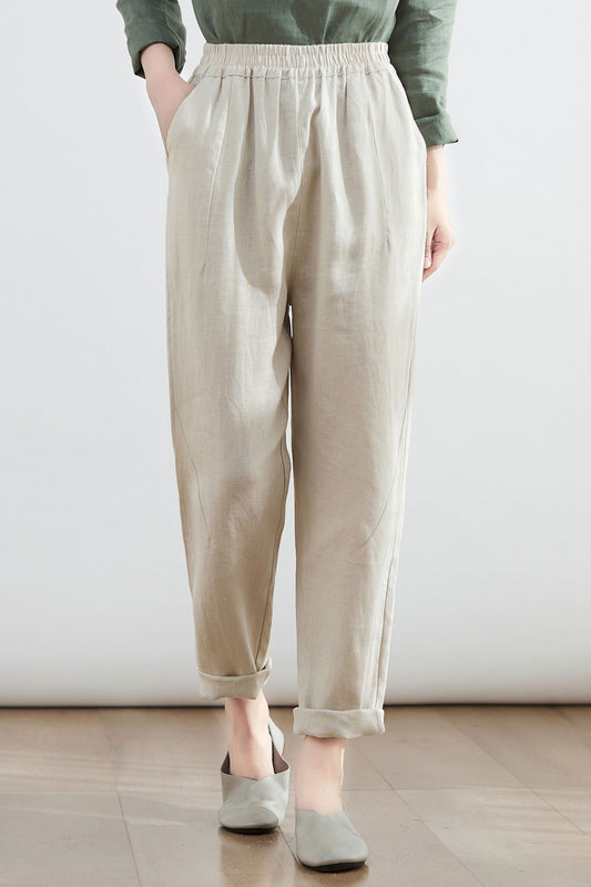 Elastic Waist Causal Tapered Linen Pants C2683