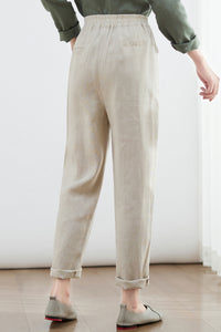 Elastic Waist Causal Tapered Linen Pants C2683