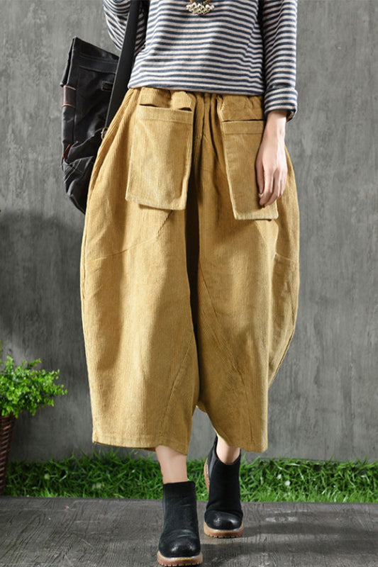 Yellow Elastic Waist Corduroy Pants C2441