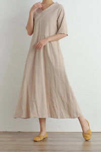 Short Sleeves V-Neck Cotton Midi Dress C2866