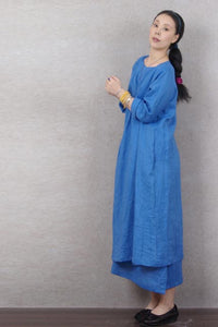 Ethnic wind irregular linen dress with V-neck and loose waist 190239