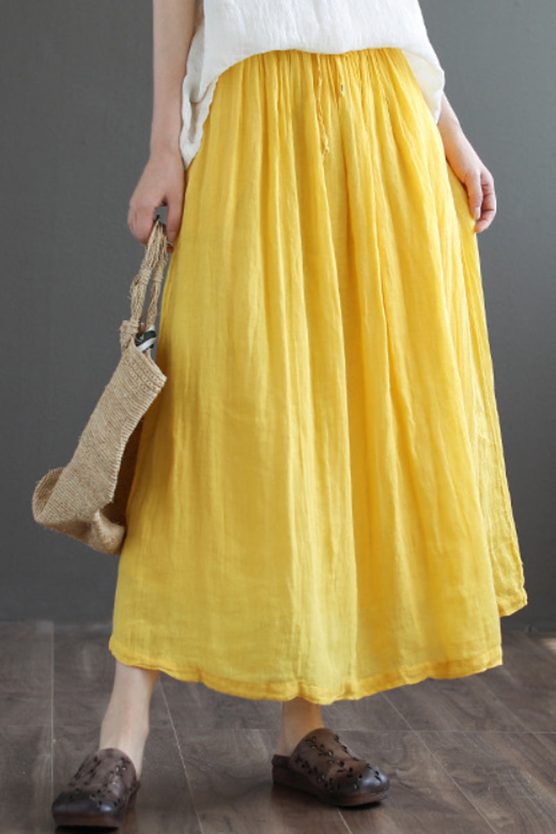 Yellow Elastic Waist Linen Swing Skirt C190303
