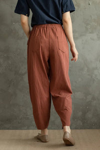 Loose Coffee Elastic Waist Linen Cropped Pants c2855