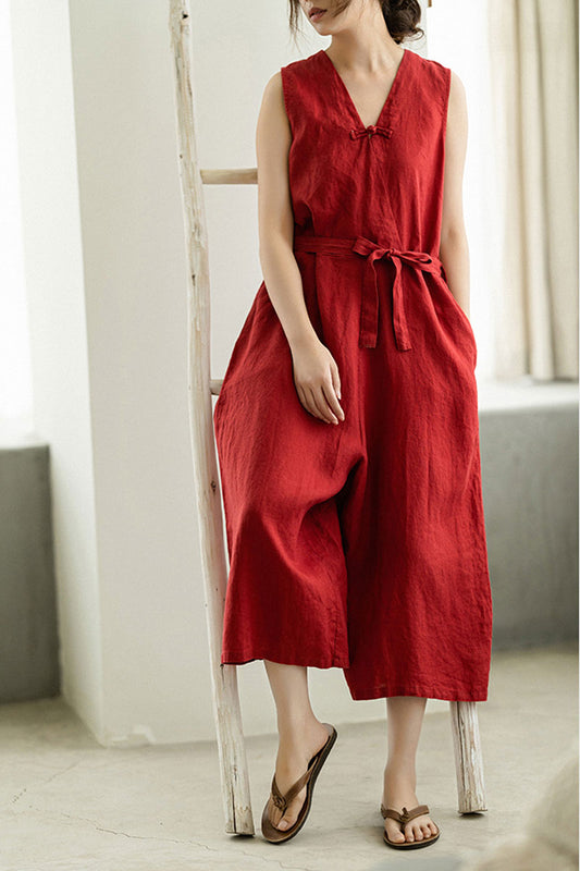 Red Linen Wide Leg Jumpsuit - Deep V Neck with Pockets C2394