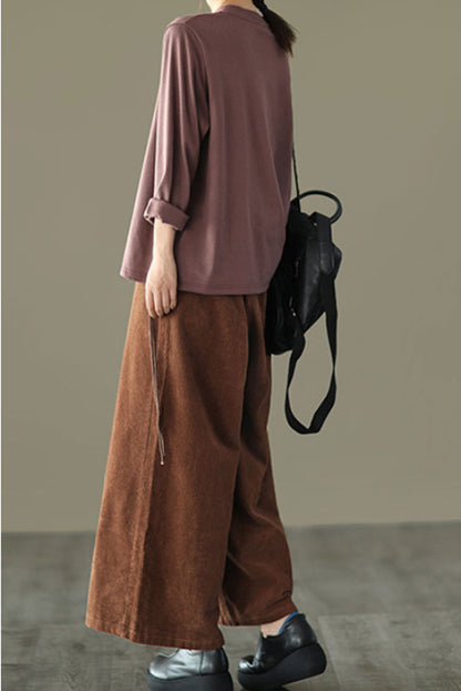 Brown Elastic Waist Wide Leg Corduroy Pants C2443