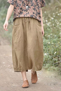 Large elastic waist pocket plain linen skirt CYM036-190068