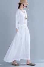 Load image into Gallery viewer, Two-piece linen dress with V neck and seven minute sleeve 190244
