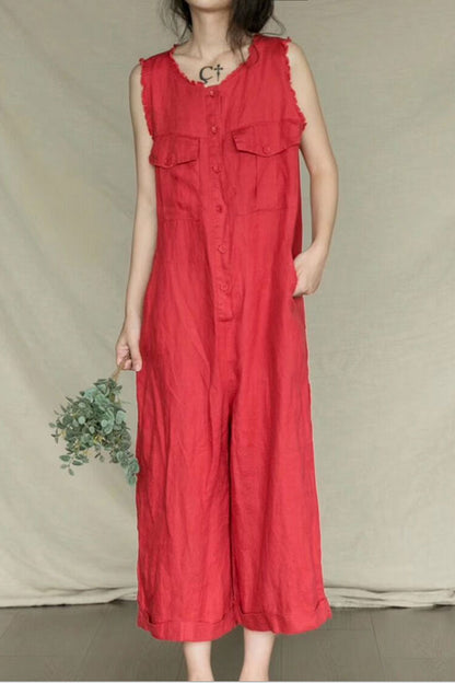 Round Neck Red Linen Jumpsuits C2395