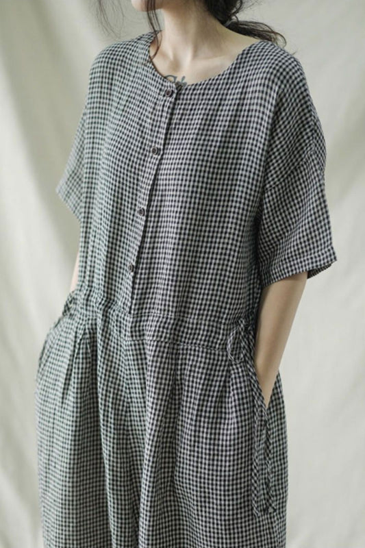 Casual Black Plaid Cotton Linen Jumpsuits C2387