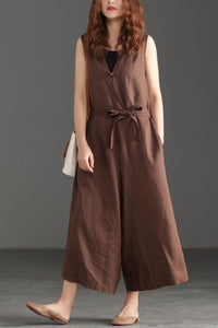 Deep V Neck Linen Jumpsuits in Coffee Color C2392