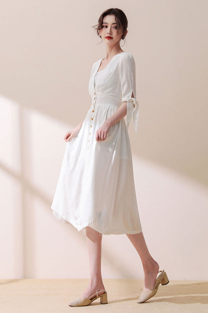 Deep V Neck White Linen Dress C3187