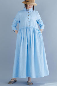 Flax art sen department doll collar long loose waist cotton and linen dress 190236