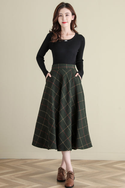Winter Green Midi Wool Plaid Skirt, Swing Tartan wool Skirt C251201
