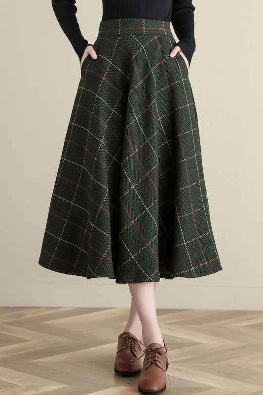 Winter Green Midi Wool Plaid Skirt, Swing Tartan wool Skirt C251201