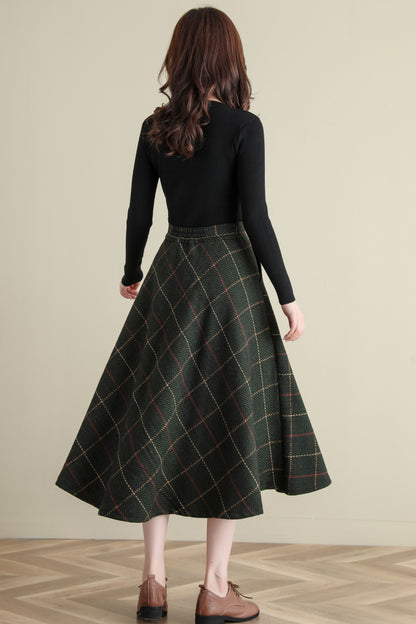Winter Green Midi Wool Plaid Skirt, Swing Tartan wool Skirt C251201