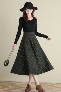 Winter Green Midi Wool Plaid Skirt, Swing Tartan wool Skirt C251201