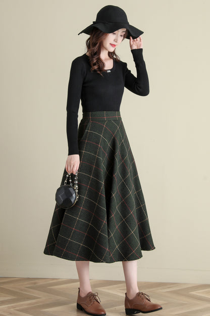 Winter Green Midi Wool Plaid Skirt, Swing Tartan wool Skirt C251201