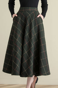 Winter Green Midi Wool Plaid Skirt, Swing Tartan wool Skirt C251201