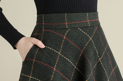 Winter Green Midi Wool Plaid Skirt, Swing Tartan wool Skirt C251201