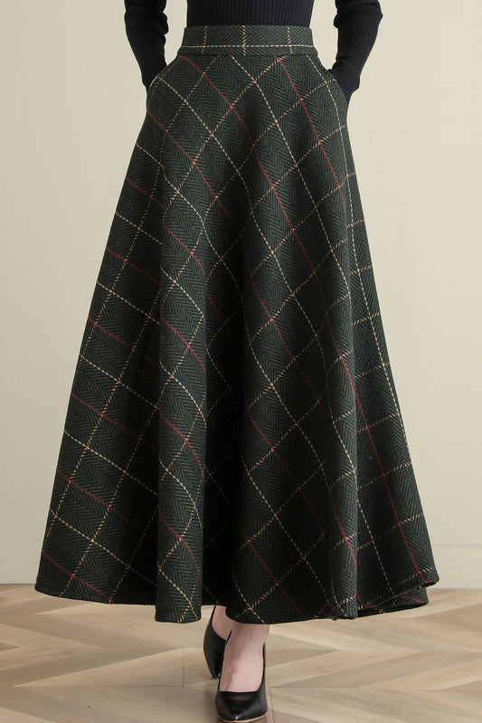 50s Retro High Waist Swing Tartan Wool Maxi Skirt  C251301