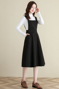 Black Wool Pinafore Dress, Midi wool dress C2516