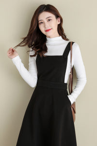 Black Wool Pinafore Dress, Midi wool dress C2516