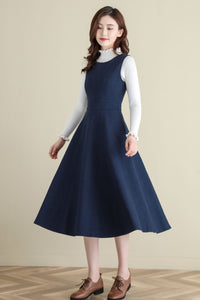Sleeveless Wool Dress in blue, A Line wool Midi Dress C2517