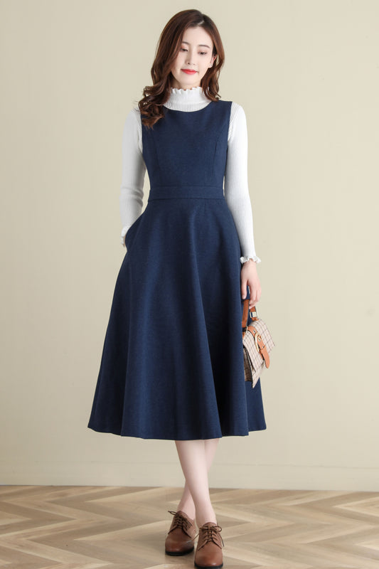 Sleeveless Wool blue Midi Dress C2517