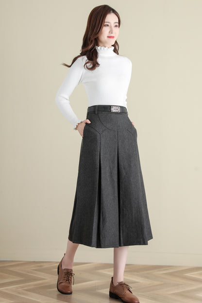 Grey Pleated Midi Wool Skirt Women, A Line Skirt with Pockets, Solid Skirt C251401