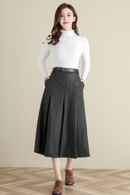 Grey Pleated Midi Wool Skirt Women, A Line Skirt with Pockets, Solid Skirt C251401