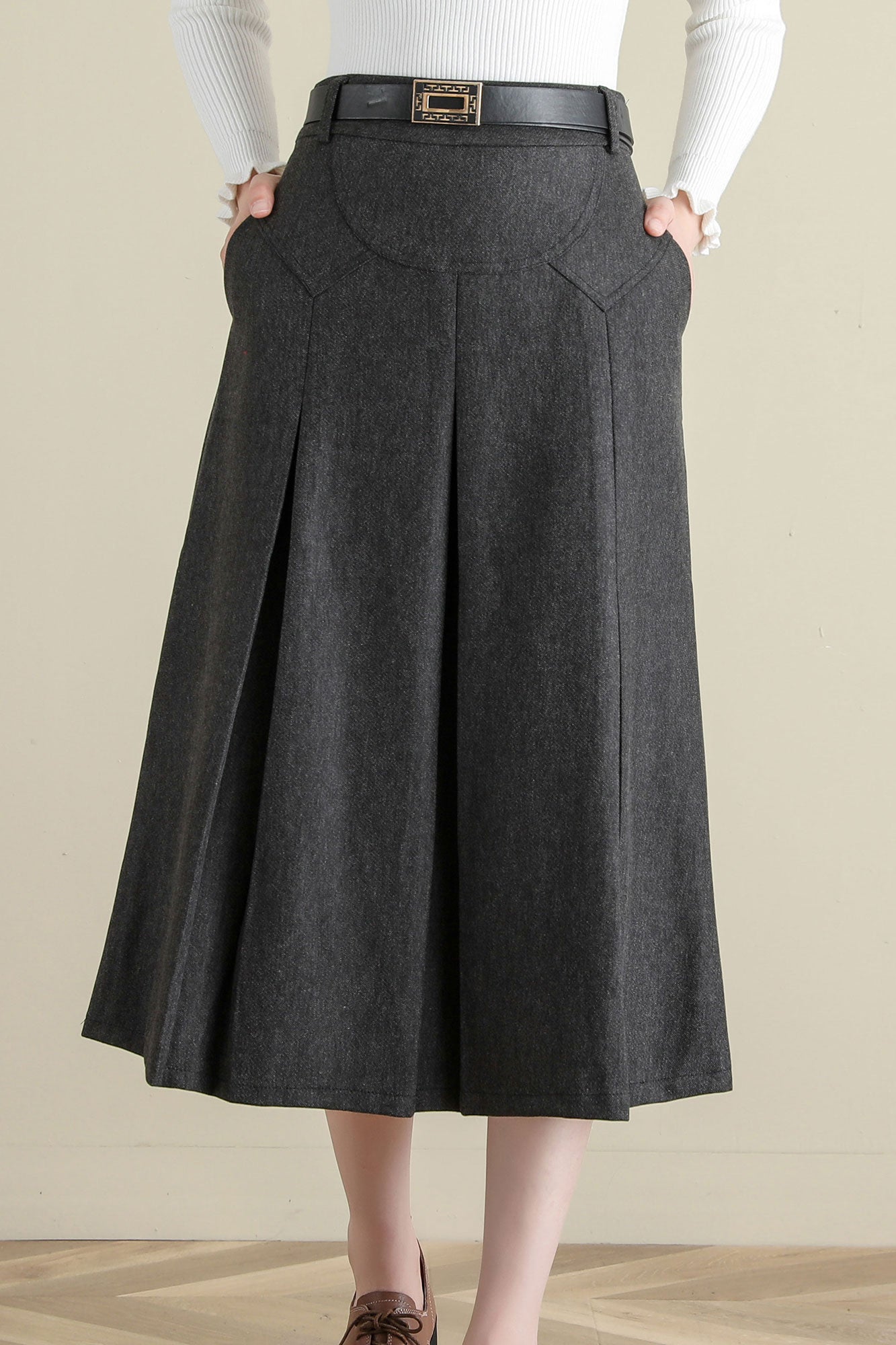 Grey Pleated Midi Wool Skirt Women, A Line Skirt with Pockets, Solid Skirt C251401