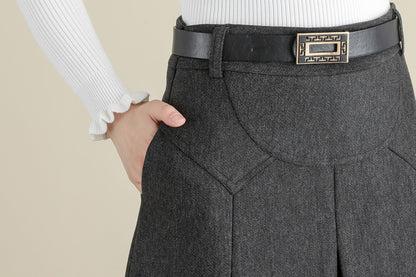 Grey Pleated Midi Wool Skirt Women, A Line Skirt with Pockets, Solid Skirt C251401
