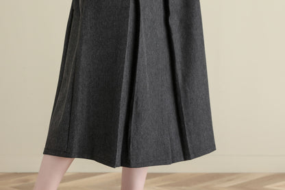 Grey Pleated Midi Wool Skirt Women, A Line Skirt with Pockets, Solid Skirt C251401
