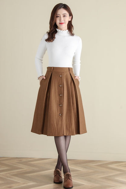 Retro Camel Button Front wool skirt, Wool Midi Skirt C252001