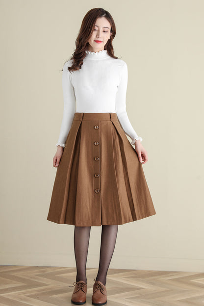 Retro Camel Button Front wool skirt, Wool Midi Skirt C252001