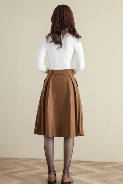 Retro Camel Button Front wool skirt, Wool Midi Skirt C252001
