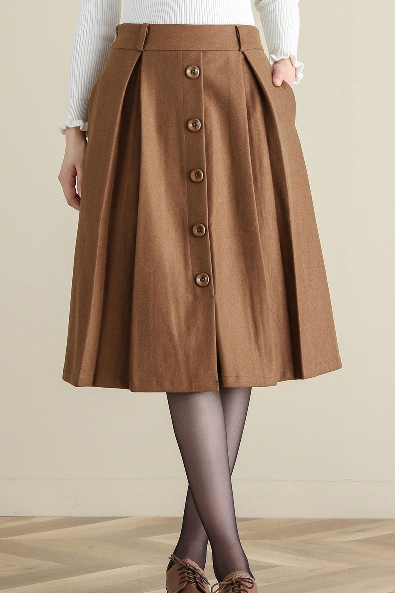 Retro Camel Button Front wool skirt, Wool Midi Skirt C252001