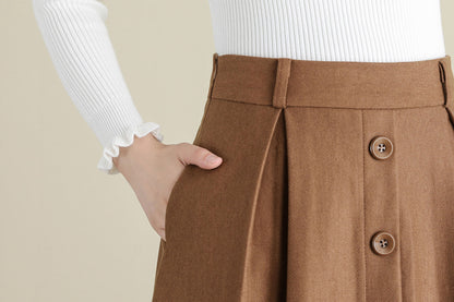 Retro Camel Button Front wool skirt, Wool Midi Skirt C252001