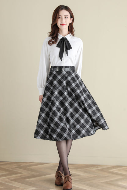 Vintage Inspired Wool Plaid Skirt for Women, Midi Skirt C252201