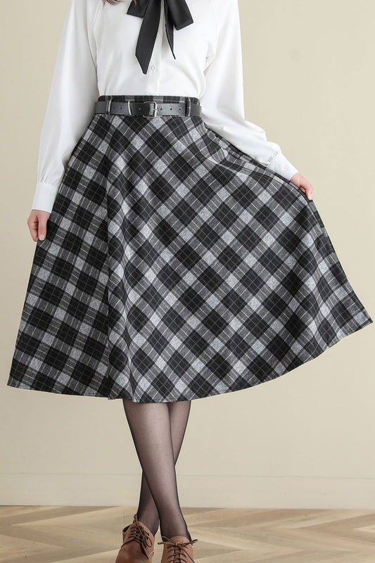 Vintage Inspired Wool Plaid Skirt for Women, Midi Skirt C252201