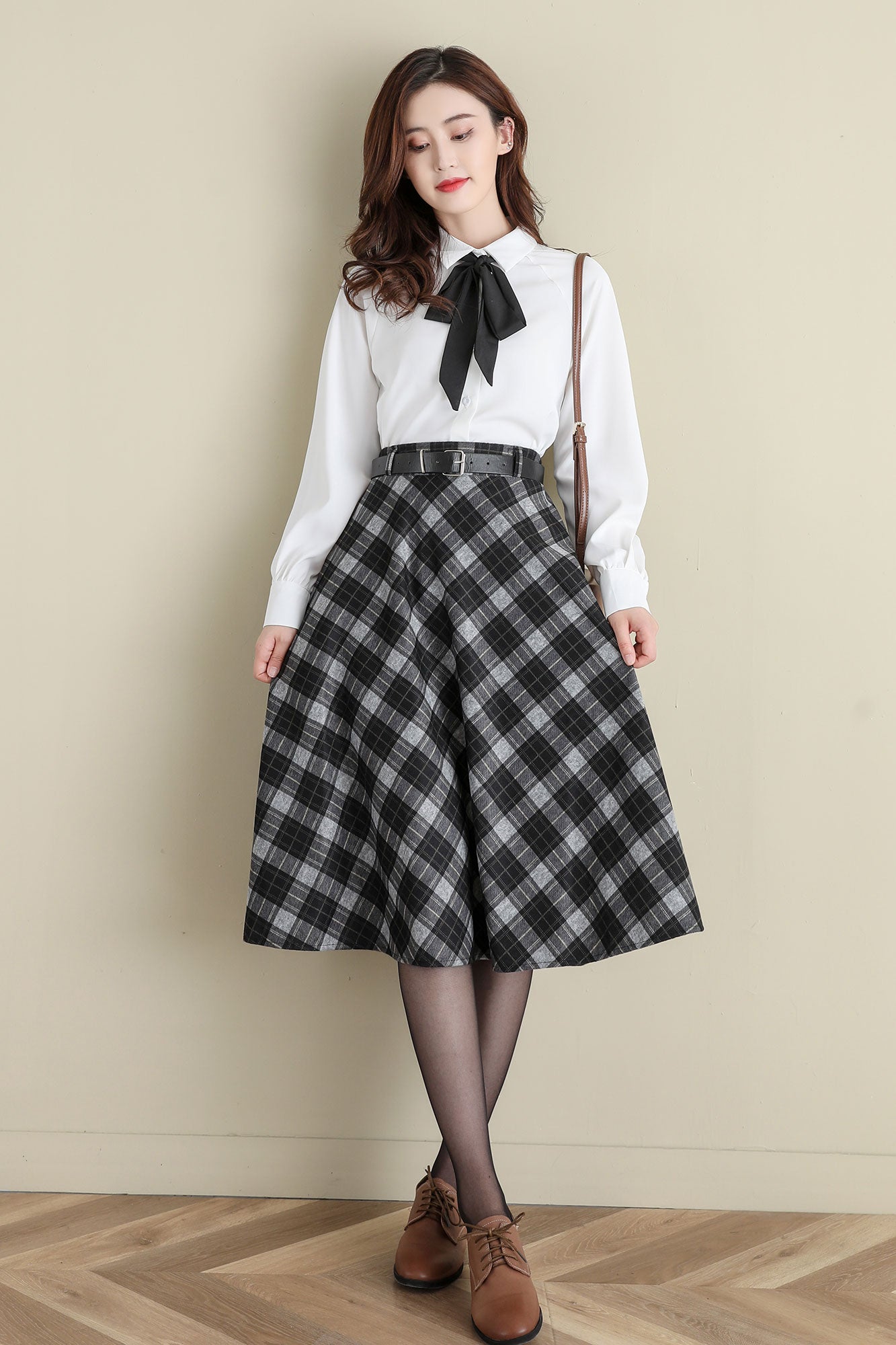 Vintage Inspired Wool Plaid Skirt for Women, Midi Skirt C252201