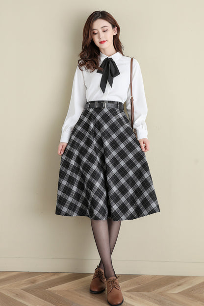 Vintage Inspired Wool Plaid Skirt for Women, Midi Skirt C252201